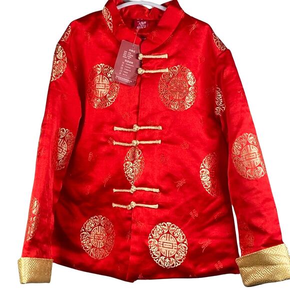 Yitang Chinese New Year Jacket Size 120 5T Gold Embroidery Red Silk Brocade - Picture 1 of 4